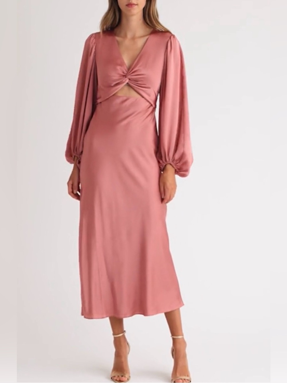 Shona Joy Midi Dress Twist Front Satin Balloon Sleeve Womens Size 14 Cocktail
